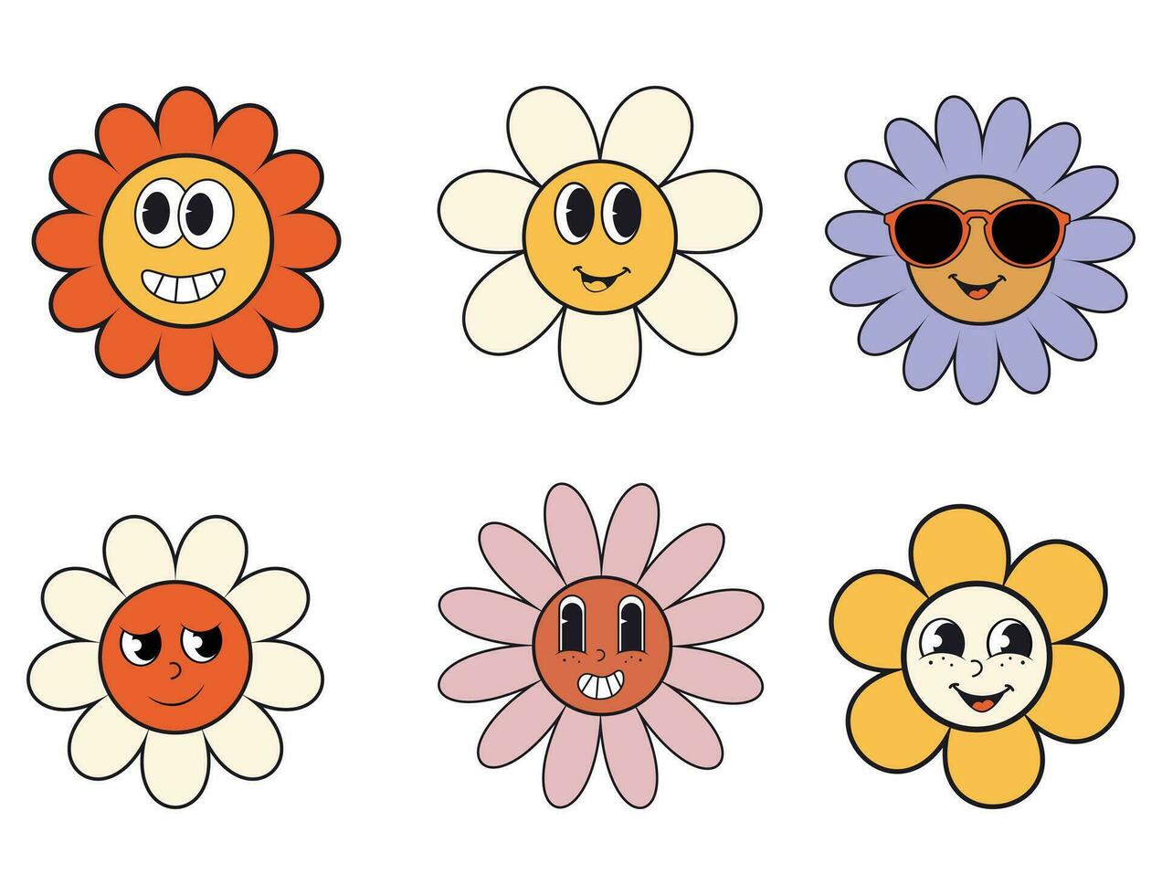 schattig groovy stijl bloemen verzameling. retro stijl vector illustratie