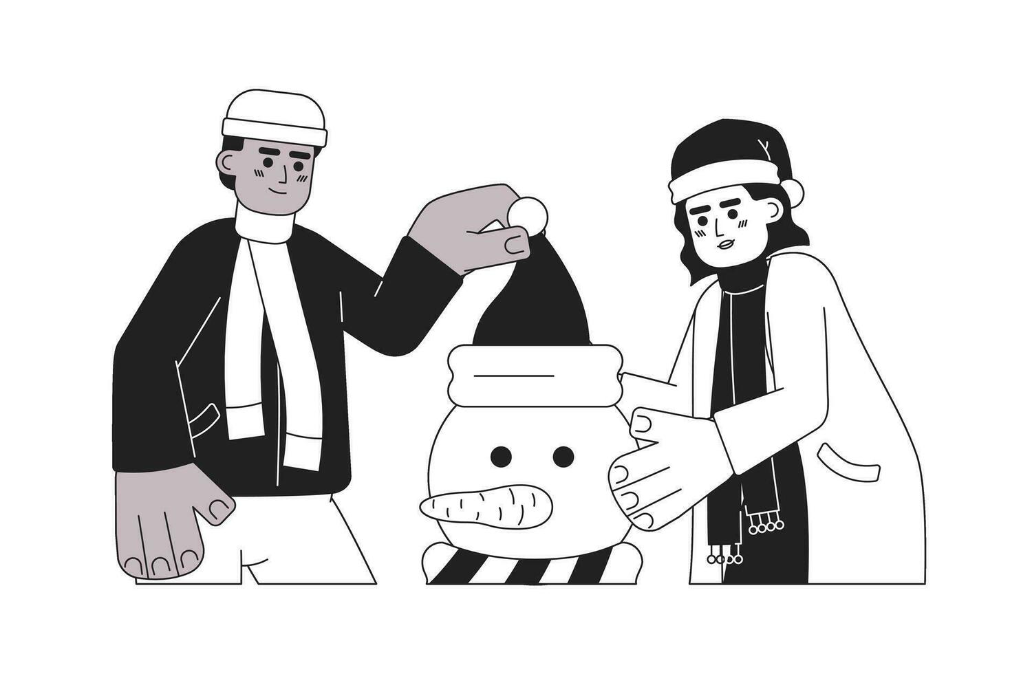 winter kleren vrienden maken sneeuwman zwart en wit 2d tekenfilm karakters. interraciaal paar hebben pret geïsoleerd vector schets mensen. vrije tijd wintertijd monochromatisch vlak plek illustratie