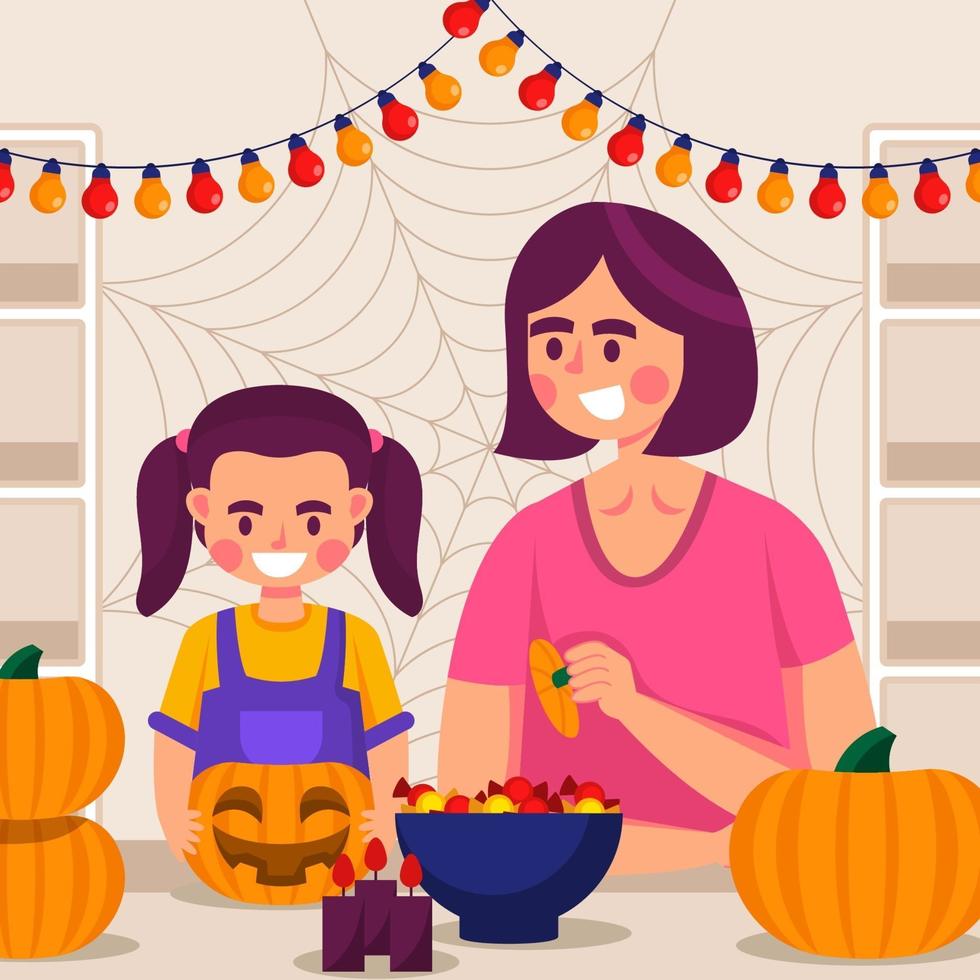 moeder en dochter bereiden samen halloween-decoratie voor vector