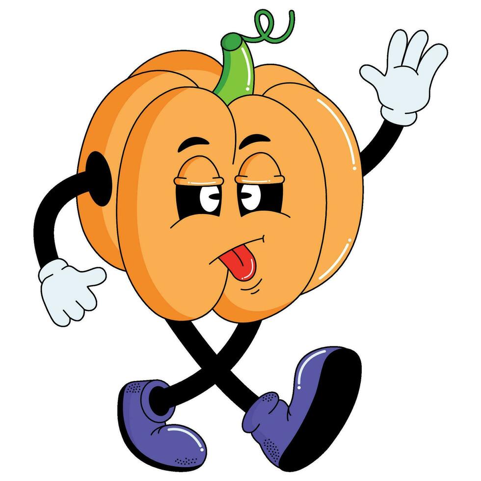 grappig retro tekenfilm halloween pompoen. gelukkig herfst mascotte met schattig pompoen. vector illustratie.