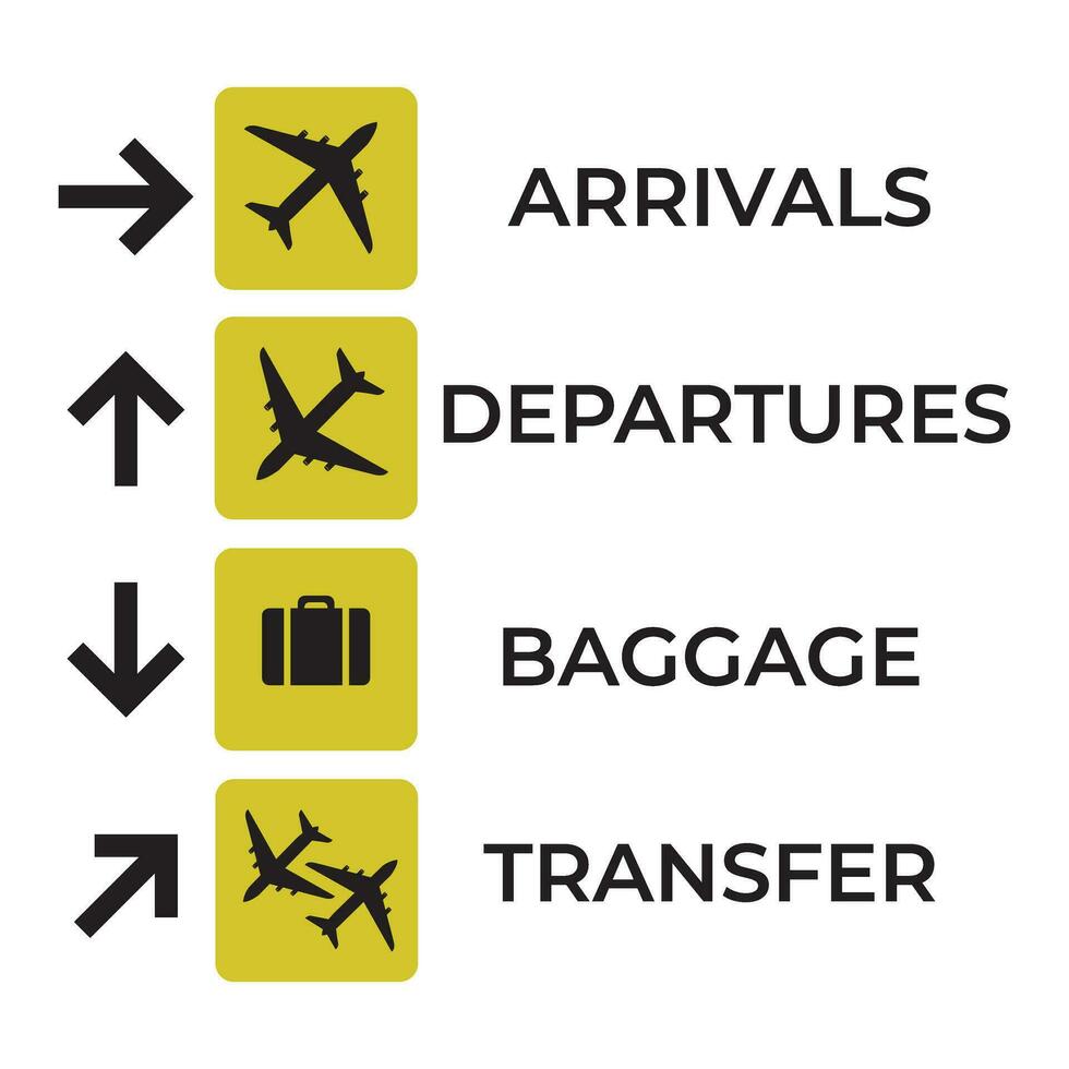 reeks van luchthaven tekens. luchthaven richting spandoeken. luchthaven planken. vector
