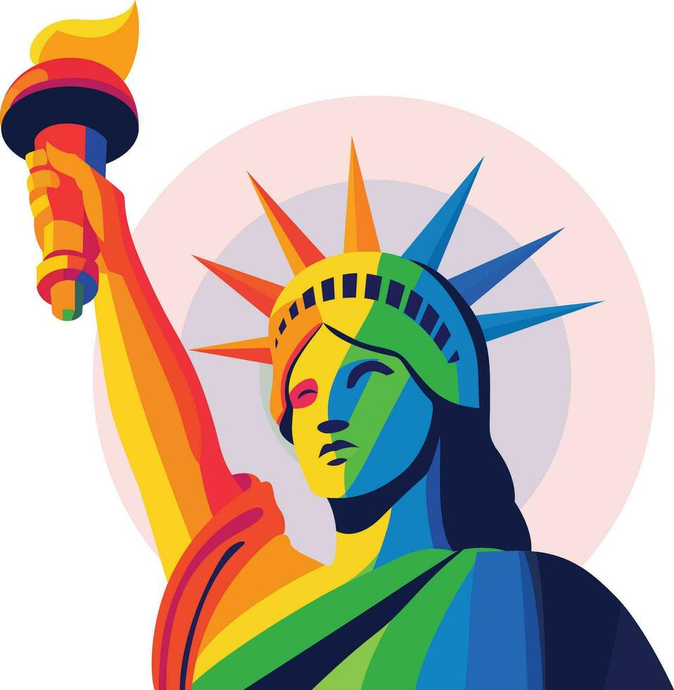 lgbtq themed standbeeld van vrijheid vector illustratie, standbeeld van vrijheid in lgbtq regenboog kleuren voorraad vector beeld