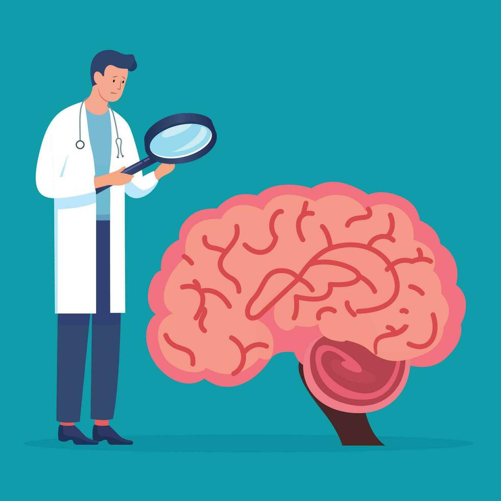 dokter controle een hersenen vlak stijl vector illustratie, dokter zoeken iets in een hersenen concept, hersenen dokter, neuroloog, of neurochirurg met een hersenen voorraad vector beeld