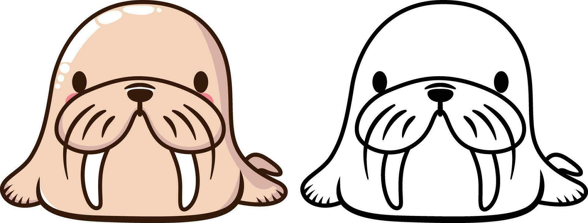 schattig walrus tekening stijl vector illustratie, zee paard, zeepaardje , odobenus rosmarus tekening tekenfilm stijl gekleurde en zwart en wit lijn kunst voor kleur boek voorraad vector beeld