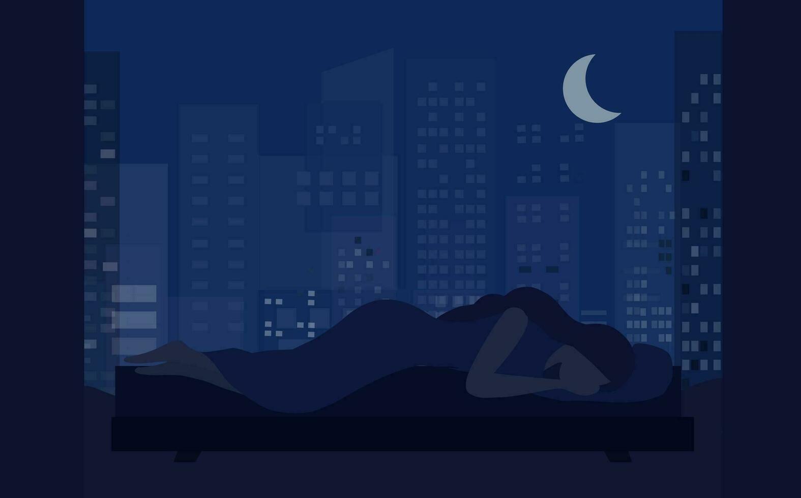 slapeloosheid vrouw zittend Aan bed Bij nacht vector illustratie. slapeloos vrouw lijden van slapeloosheid