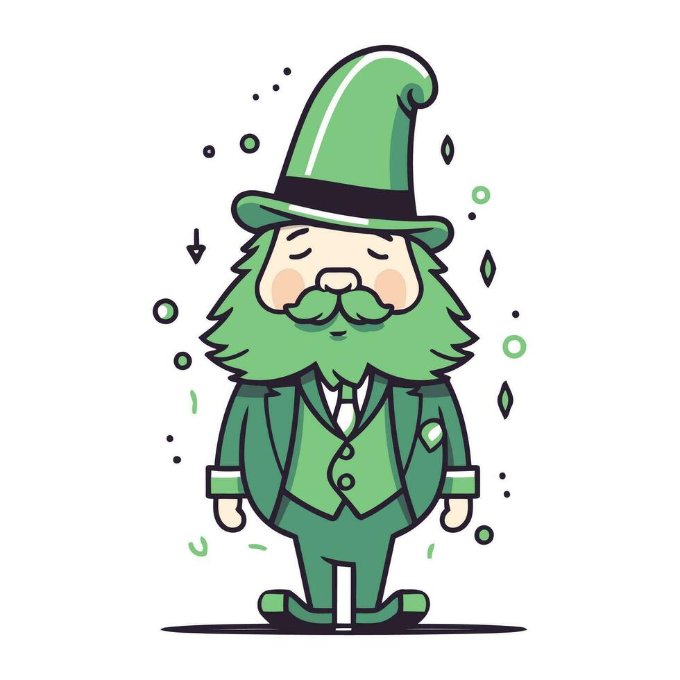 elf van Ierse folklore in groen pak en hoed. vector illustratie.