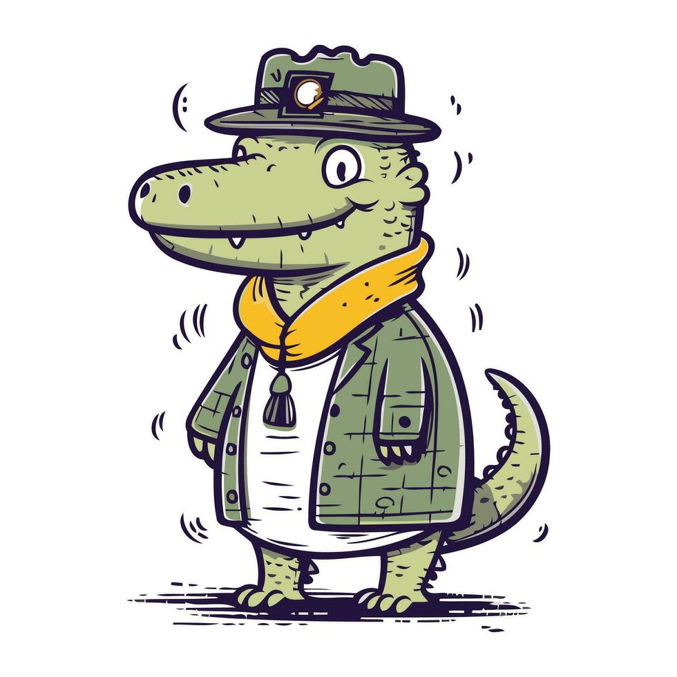tekenfilm krokodil. vector illustratie van een krokodil in een hoed en sjaal.
