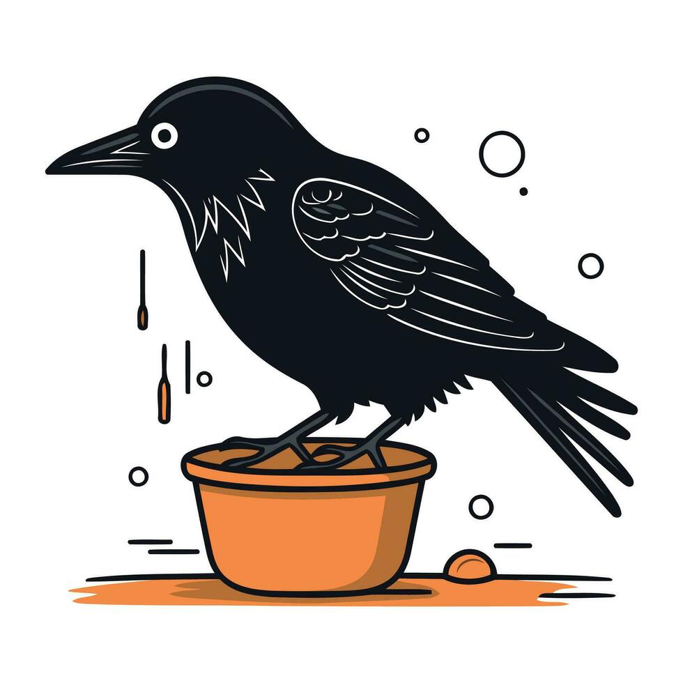 zwart kraai zit Aan een pot met voedsel. vector illustratie van een vogel.