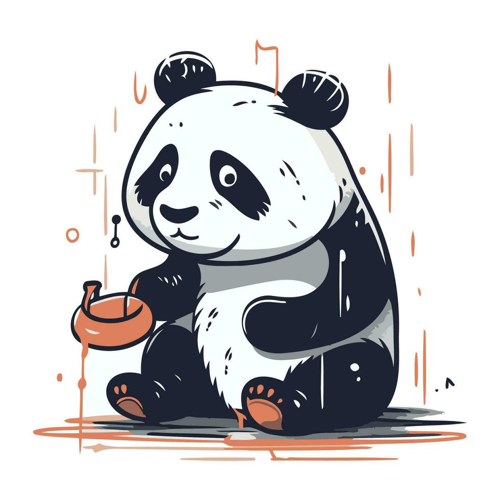 schattig tekenfilm panda zittend met een pot van soep. vector illustratie.