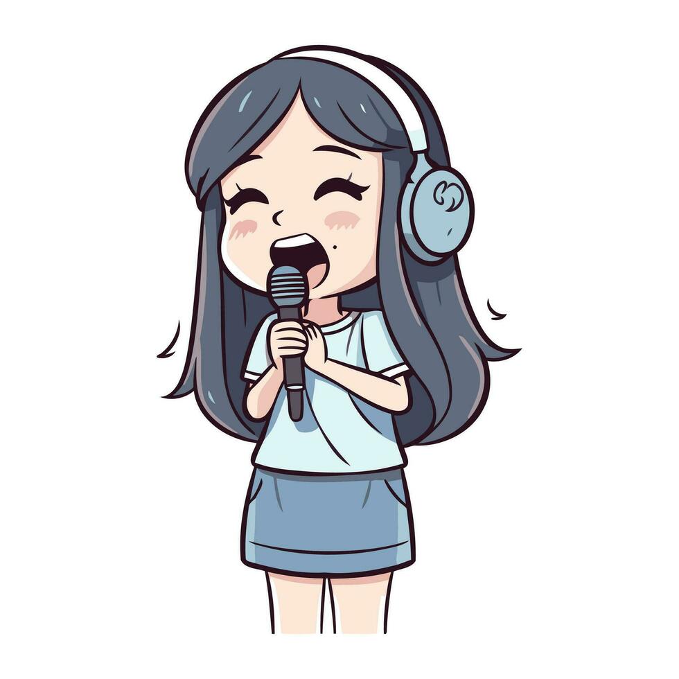 illustratie van een schattig meisje het zingen karaoke met hoofdtelefoons en microfoon vector