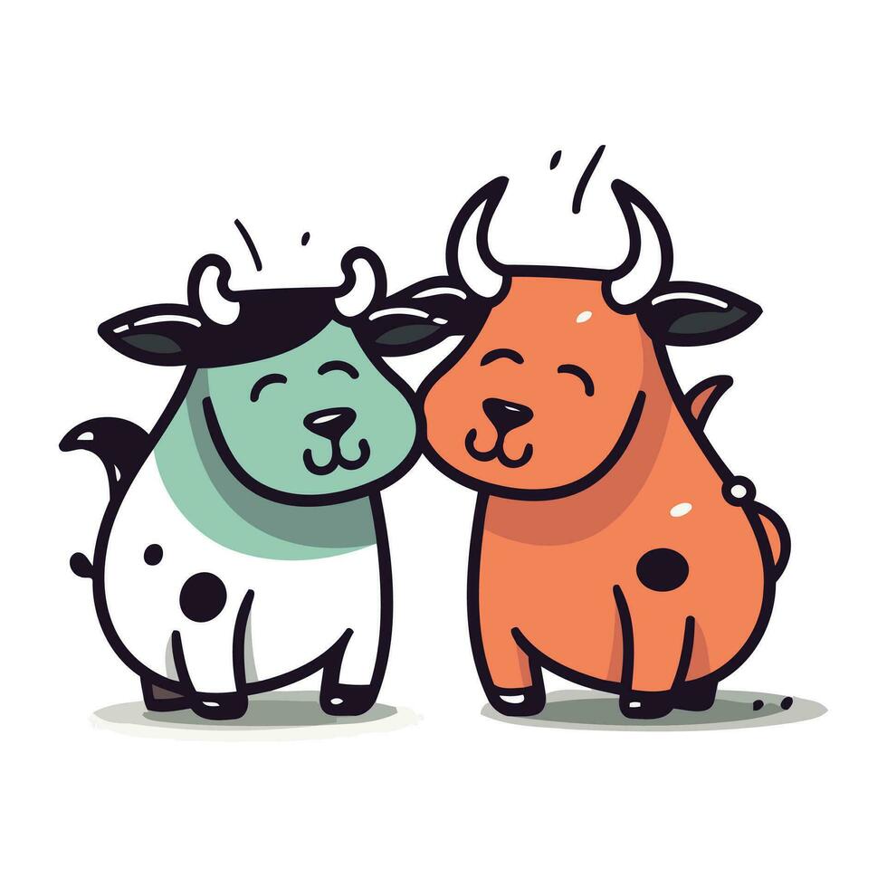 schattig koe en stier. vector illustratie in tekenfilm vlak stijl.