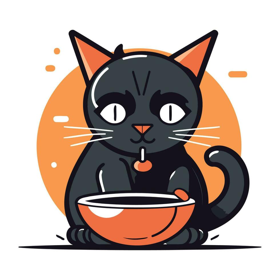 schattig zwart kat zittend met kom van voedsel. vector illustratie.