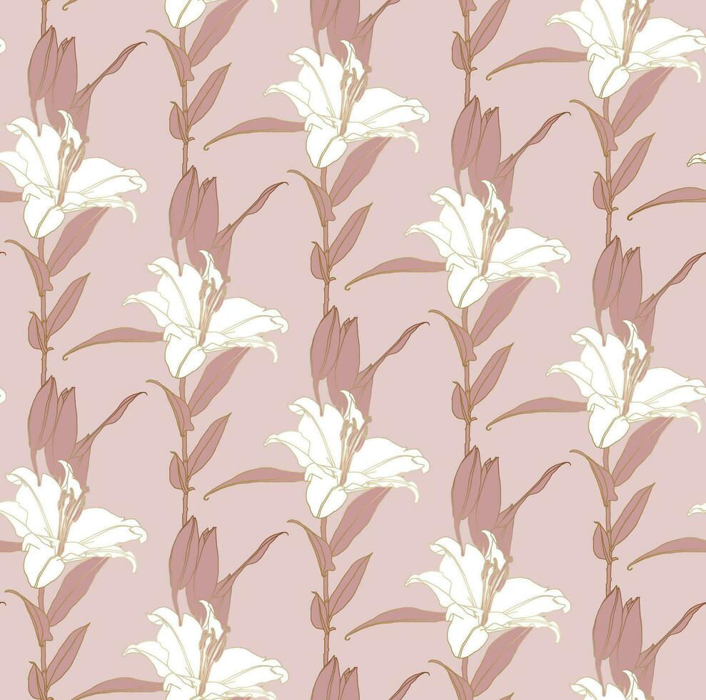 bloemen naadloos patroon van wit en Toscane kleur lelie bloemen met bronzen schets. decoratief afdrukken voor behang, inpakken, textiel, mode kleding stof of andere afdrukbare dekt. vector