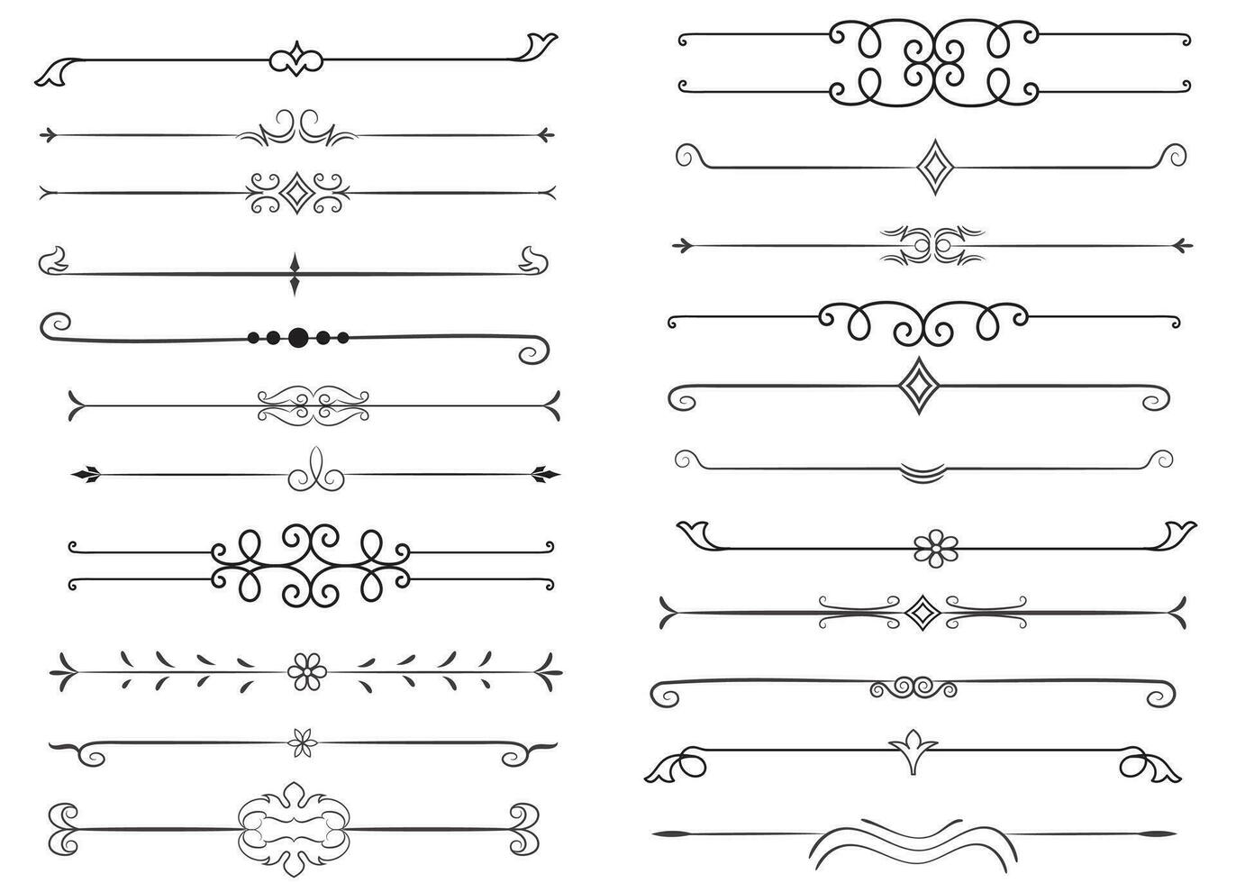 bladzijde verdeler en ontwerp elementen. reeks van divers gemakkelijk zwart verdeler ontwerp, geassorteerd verdeler verzameling sjabloon vector. verzameling van bloemen verdelers elementen mega decoratie voor kalligrafie. vector