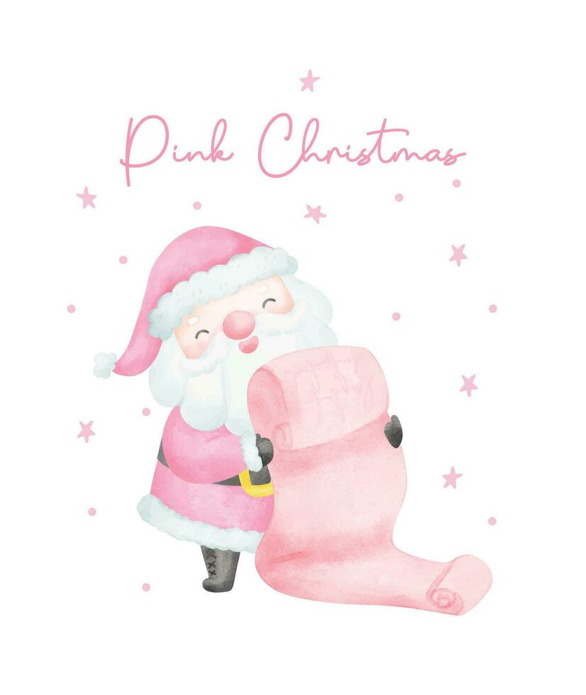 schattig roze Kerstmis de kerstman claus met naam lijst waterverf tekenfilm karakter hand- schilderij vector