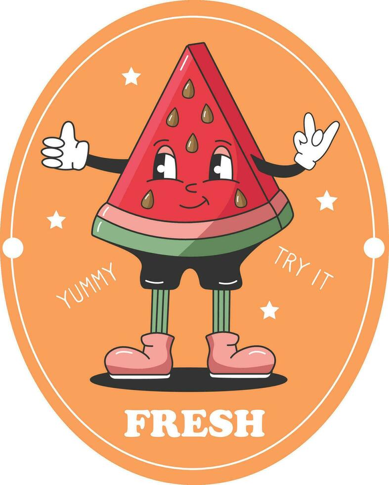 90s fruit grappig retro hippie groovy tekenfilm watermeloen. etiket met grappig karakter. groovy zomer vector sticker. zoet sappig vers fruit spandoek.