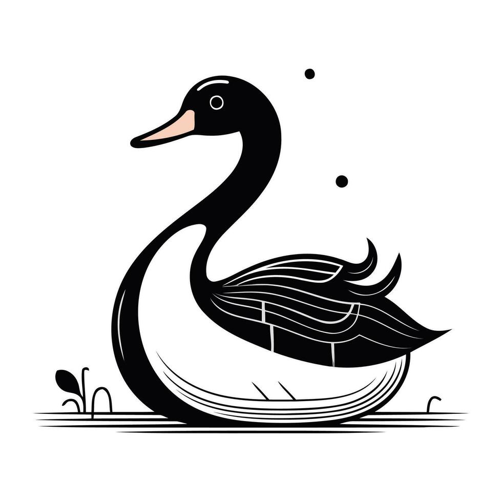 zwart en wit vector illustratie van een zwaan Aan de meer.