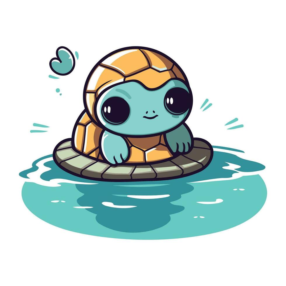 schattig schildpad zwemmen Aan een opblaasbaar ring. vector illustratie.