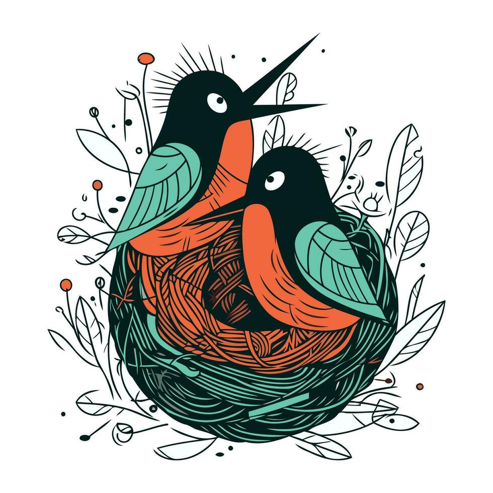 hand- getrokken vector illustratie van twee vogelstand in nest. tekening stijl.