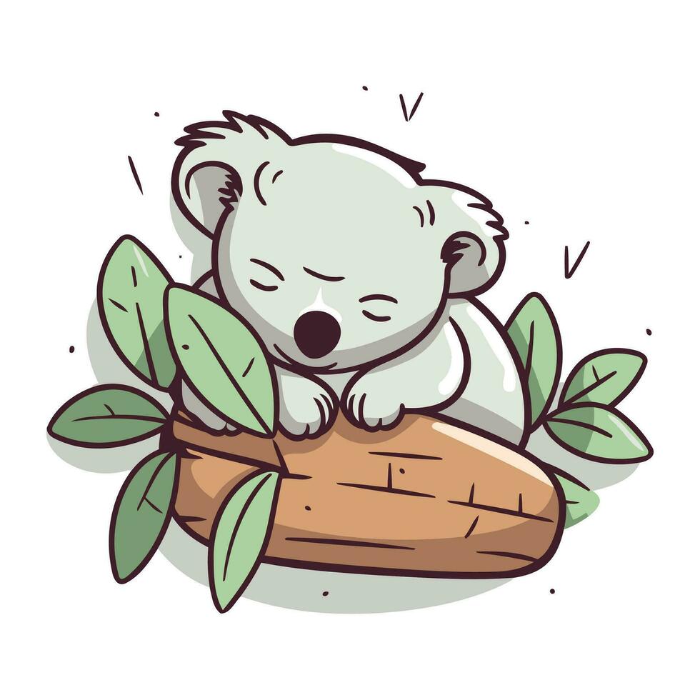 tekenfilm koala slapen Aan een log met bladeren. vector illustratie.