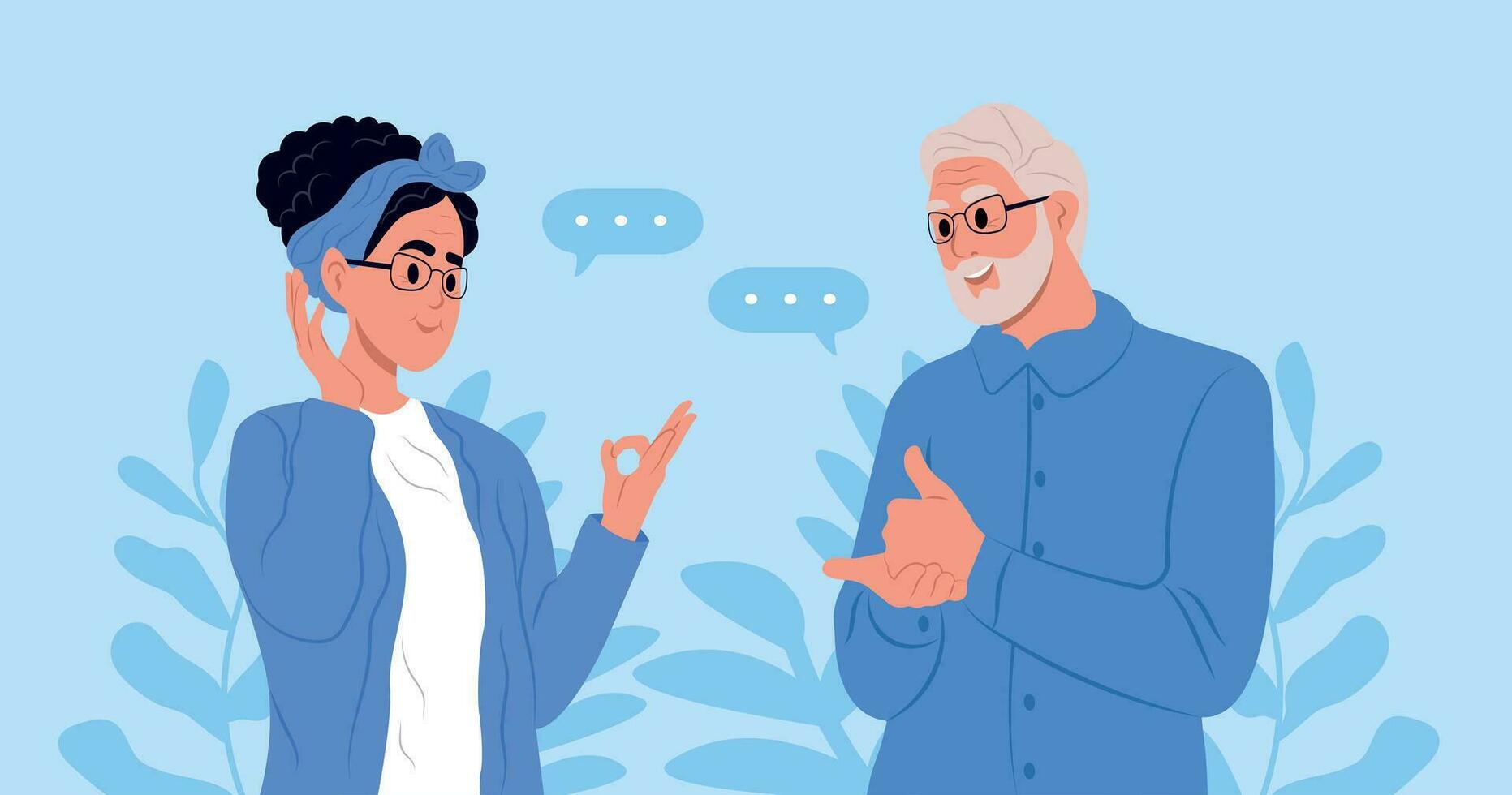 Internationale dag van teken talen. een paar- van ouderen doof en dempen mensen gebruik makend van teken taal naar communiceren. een Mens en een vrouw met horen beperking. vector
