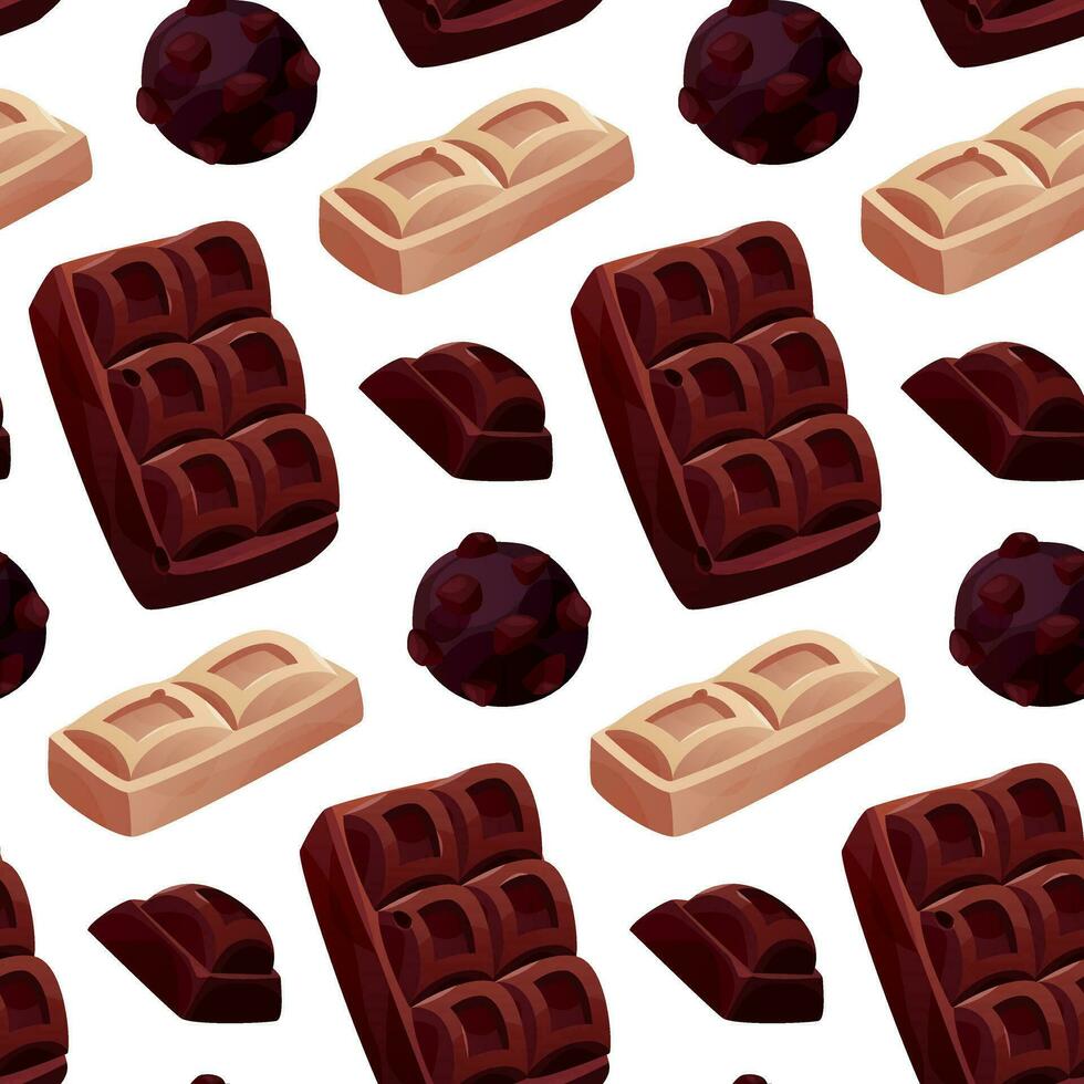 naadloos patroon met donker, wit chocola bar stukken, snoep. brokken en blokken van bruin chocola. melk zoet nagerecht, Koken ingrediënt voor banketbakkerij winkel voor poster, banier, website. vector