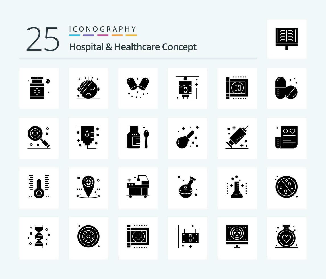 ziekenhuis gezondheidszorg concept 25 solide glyph icoon pak inclusief gezondheidszorg. financiën. geneesmiddel. kosten. kaart vector