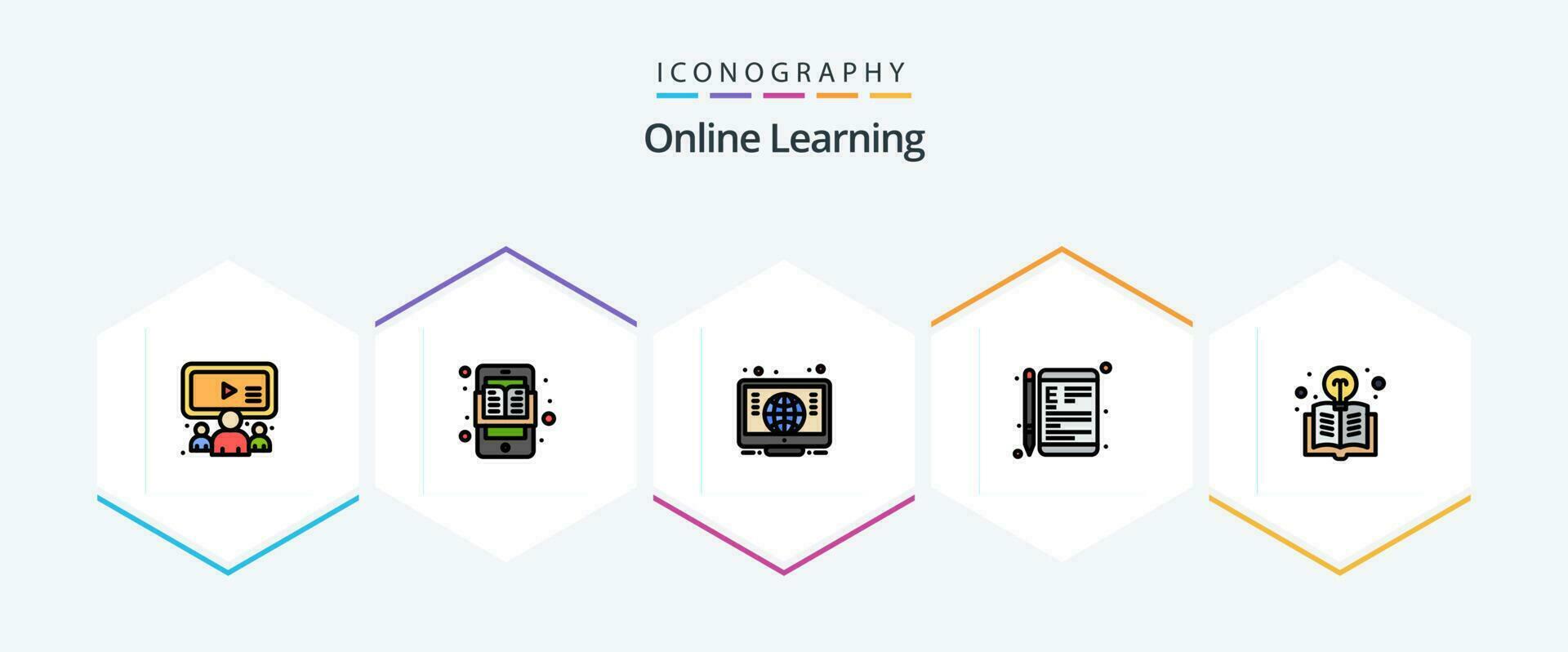 online aan het leren 25 gevulde lijn icoon pak inclusief onderwijs. school. computer. onderwijs. apparaat vector