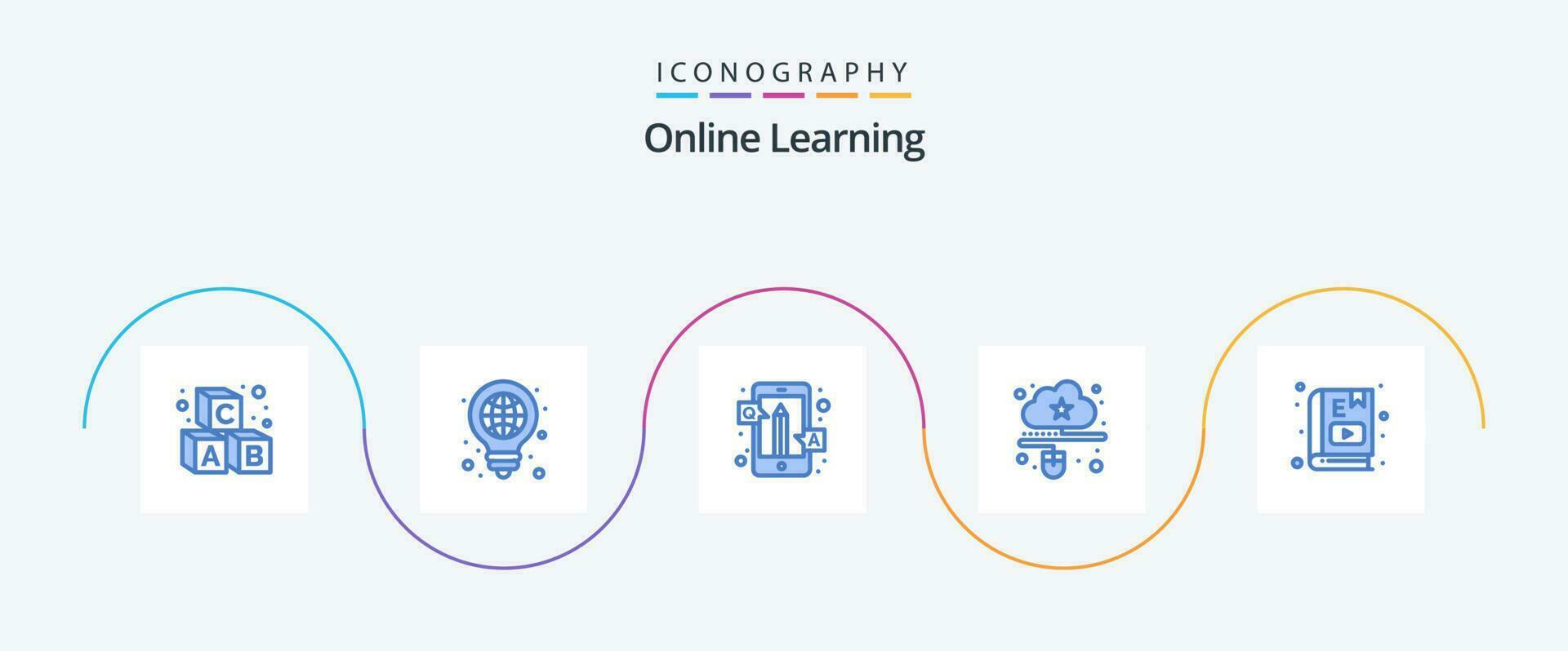 online aan het leren blauw 5 icoon pak inclusief muis. verbonden. pen. wolk. qa vector