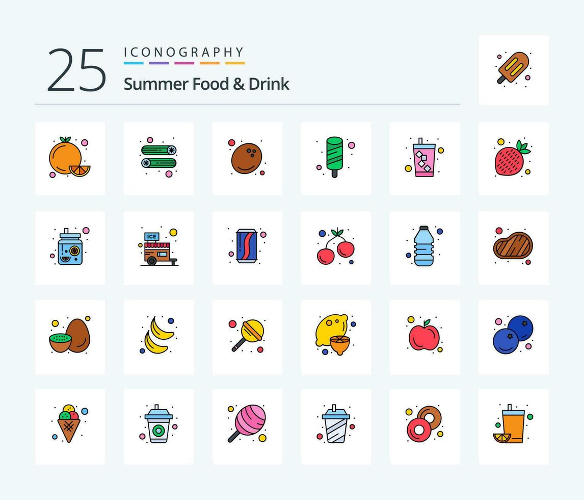 zomer voedsel drinken 25 lijn gevulde icoon pak inclusief vruchten. Frisdrank. voedsel. drankje. ijs room vector