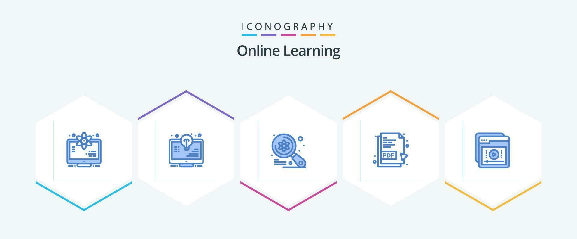 online aan het leren 25 blauw icoon pak inclusief bijlessen. pdf document. monitor. pdf. wetenschap vector