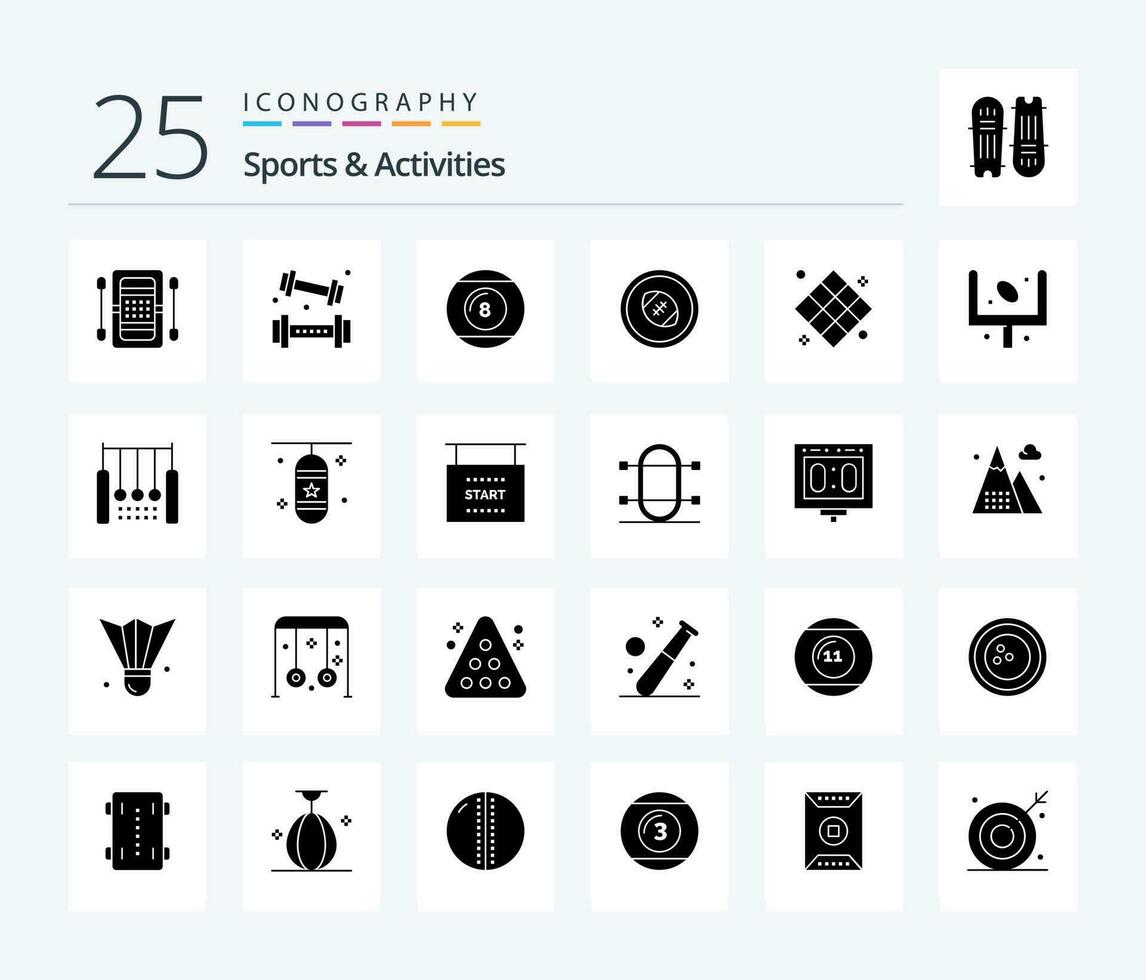 sport- activiteiten 25 solide glyph icoon pak inclusief rugby veld. Amerikaans voetbal. hijsen. sport. line-icoon vector