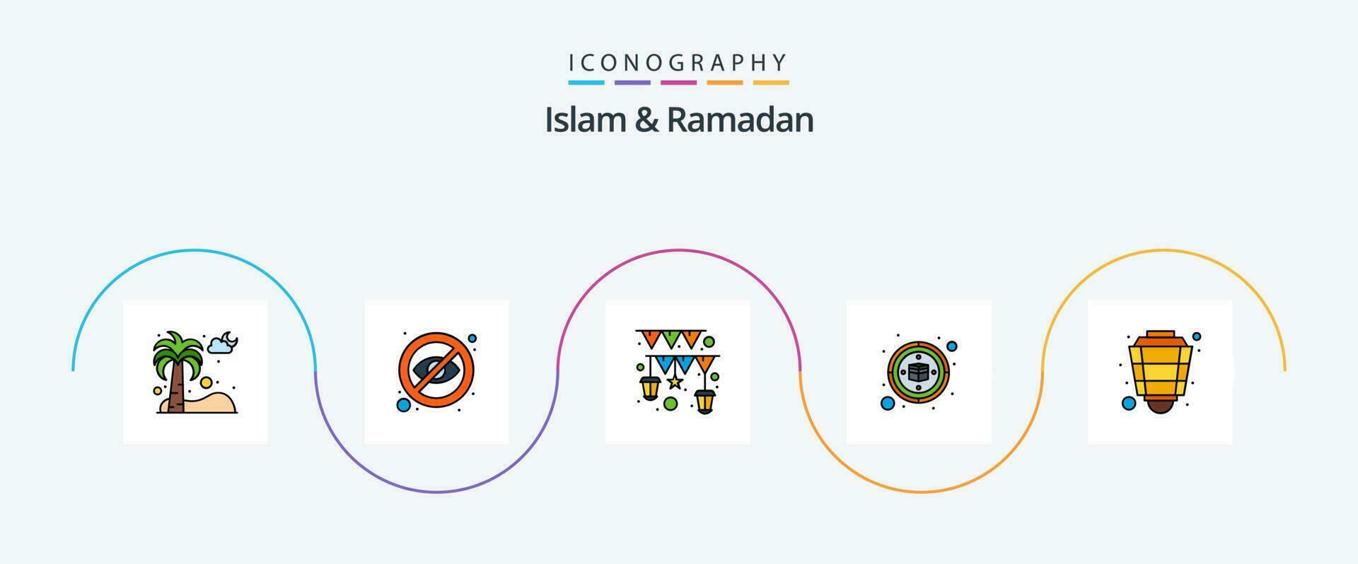 Islam en Ramadan lijn gevulde vlak 5 icoon pak inclusief lantaarn. qibla. verbergen. ka'aba. religie vector