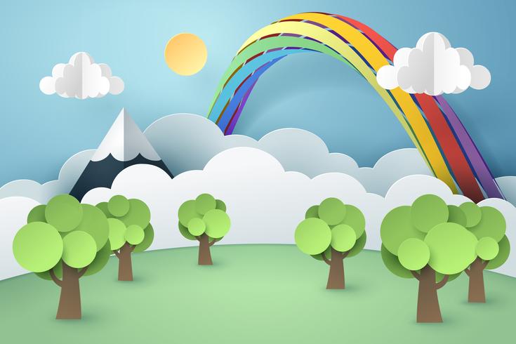 Papierkunst van bos en regenboog, wereld duurzaam milieuvriendelijk idee vector