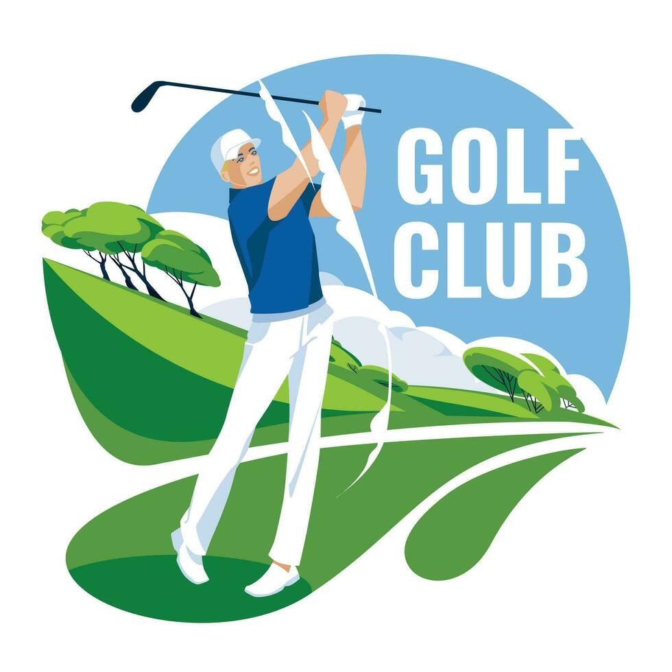 een golfspeler in een sport- uniform is beoefenen Aan een groen gras veld. advertentie van wedstrijden, wedstrijden, sport- Clubs. vector vlak illustratie