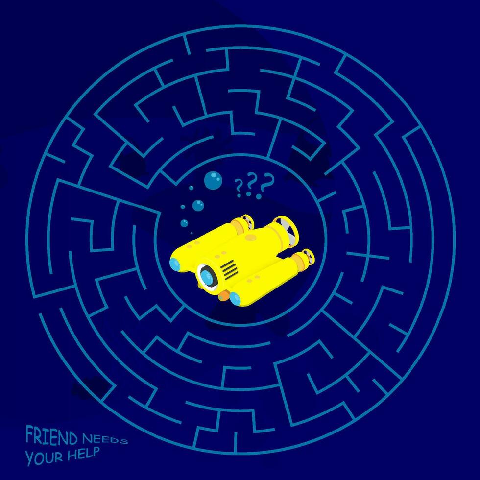 kinderen spellen. ronde doolhof, labyrint. onderwater- avonturen. geel exploratie onderwater- robot is verloren in doolhof. vector