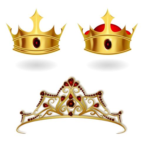 Een set van realistische gouden kronen en een tiara vector
