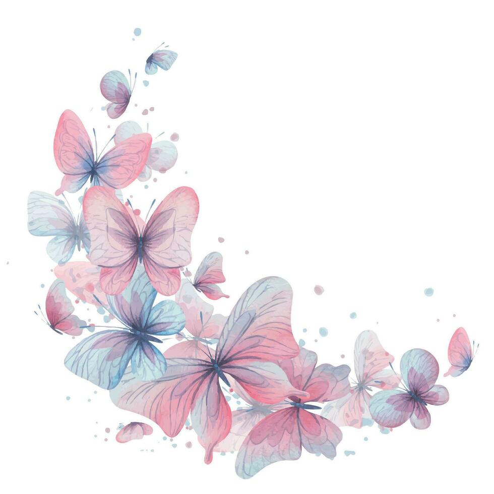 vlinders zijn roze, blauw, lila, vliegen, delicaat met Vleugels en spatten van verf. hand- getrokken waterverf illustratie. cirkel lauwerkrans, kader, sjabloon Aan een wit achtergrond, voor ontwerp vector