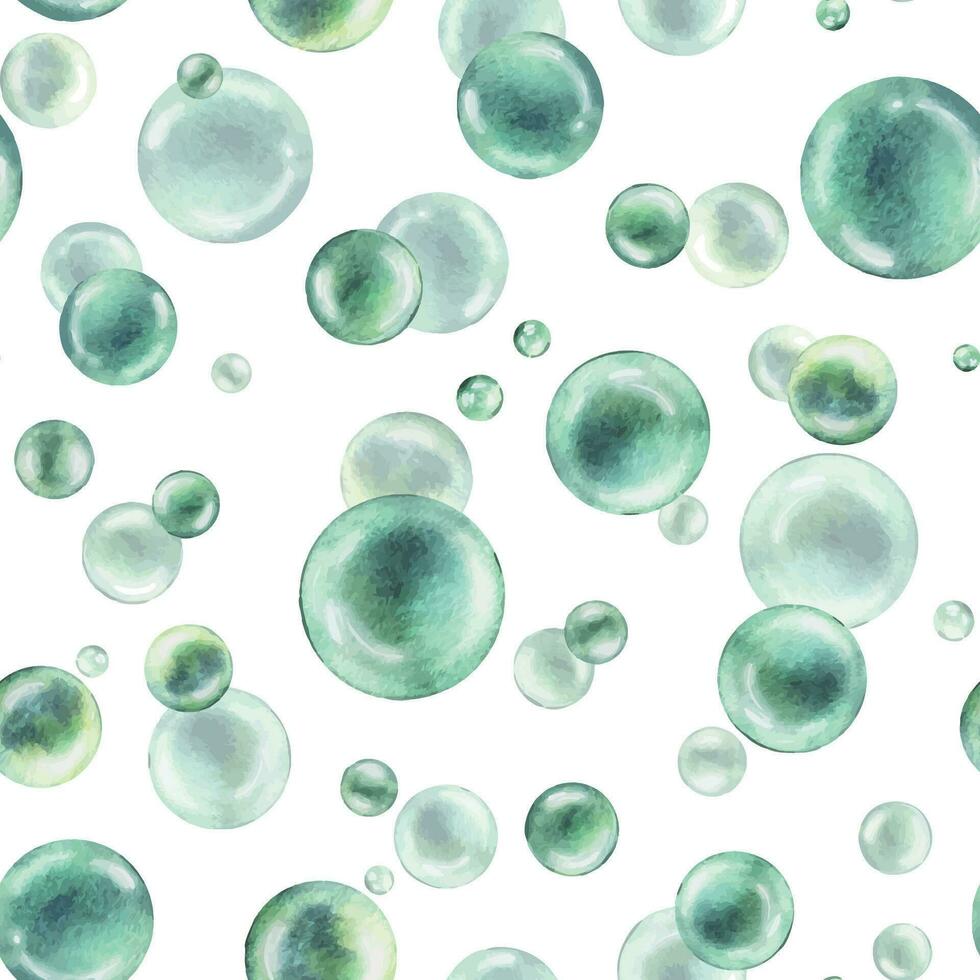 turkoois, blauw, groen zeep en water bubbels. hand- getrokken waterverf illustratie. naadloos patroon Aan een wit achtergrond. vector