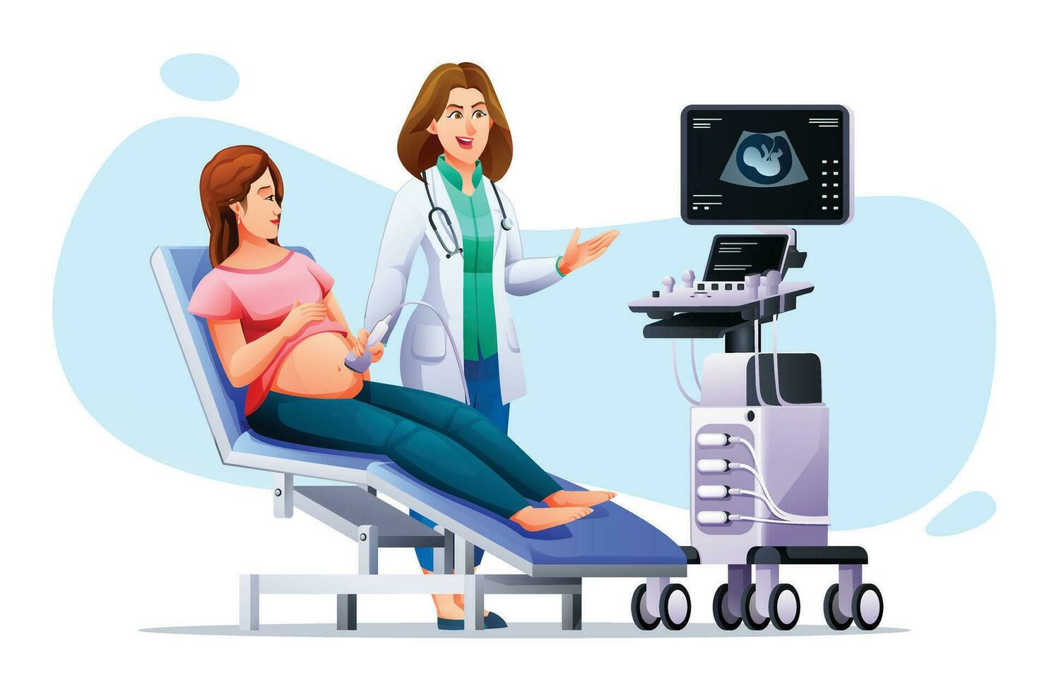 zwanger vrouw hebben echografie in kliniek. overleg en regelmatig controleren omhoog zwangerschap met dokter. vector tekenfilm karakter illustratie