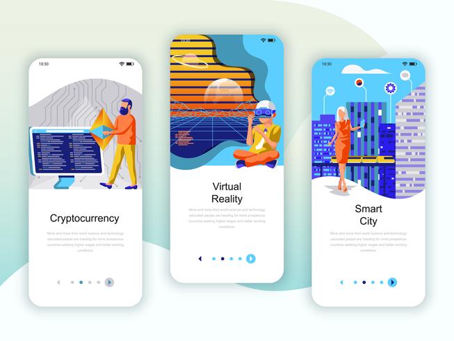 Set onboarding-schermen gebruikersinterfacekit voor Cryptocurrency, Smart City vector