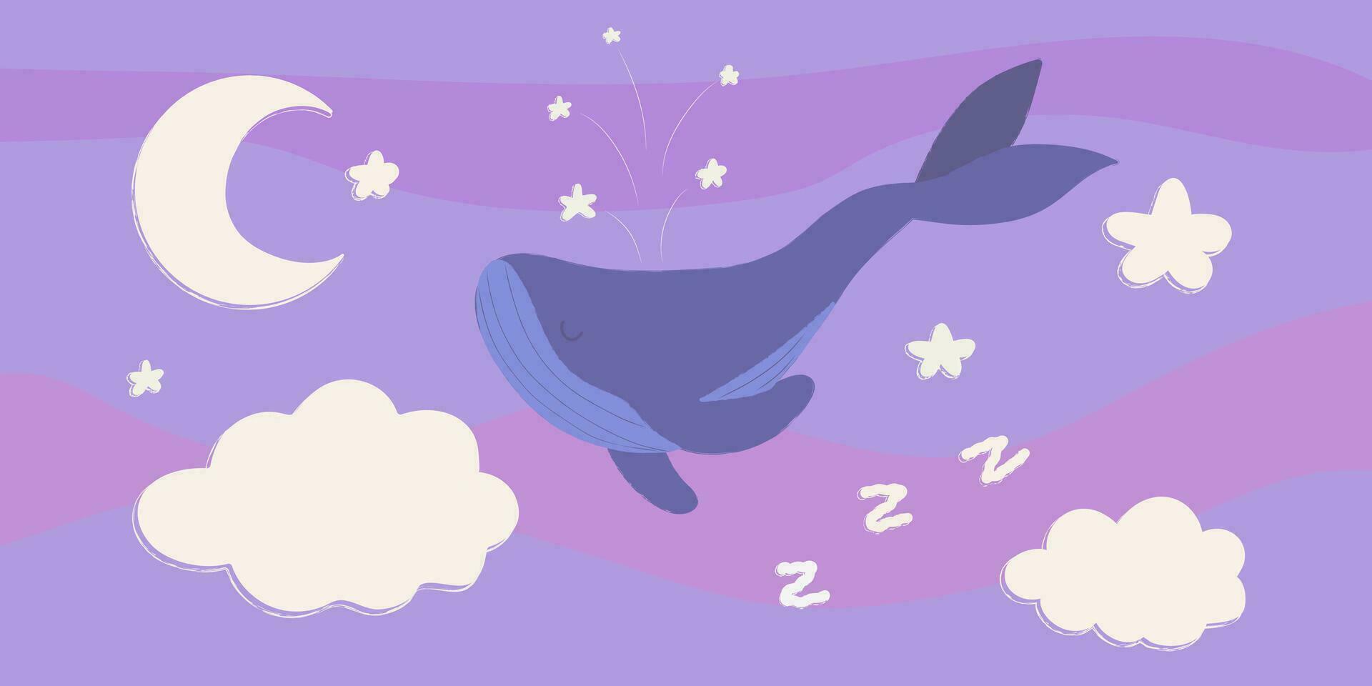 walvis zwemmen in de lucht in de wolken. slaap concept. kinderen illustratie. vector