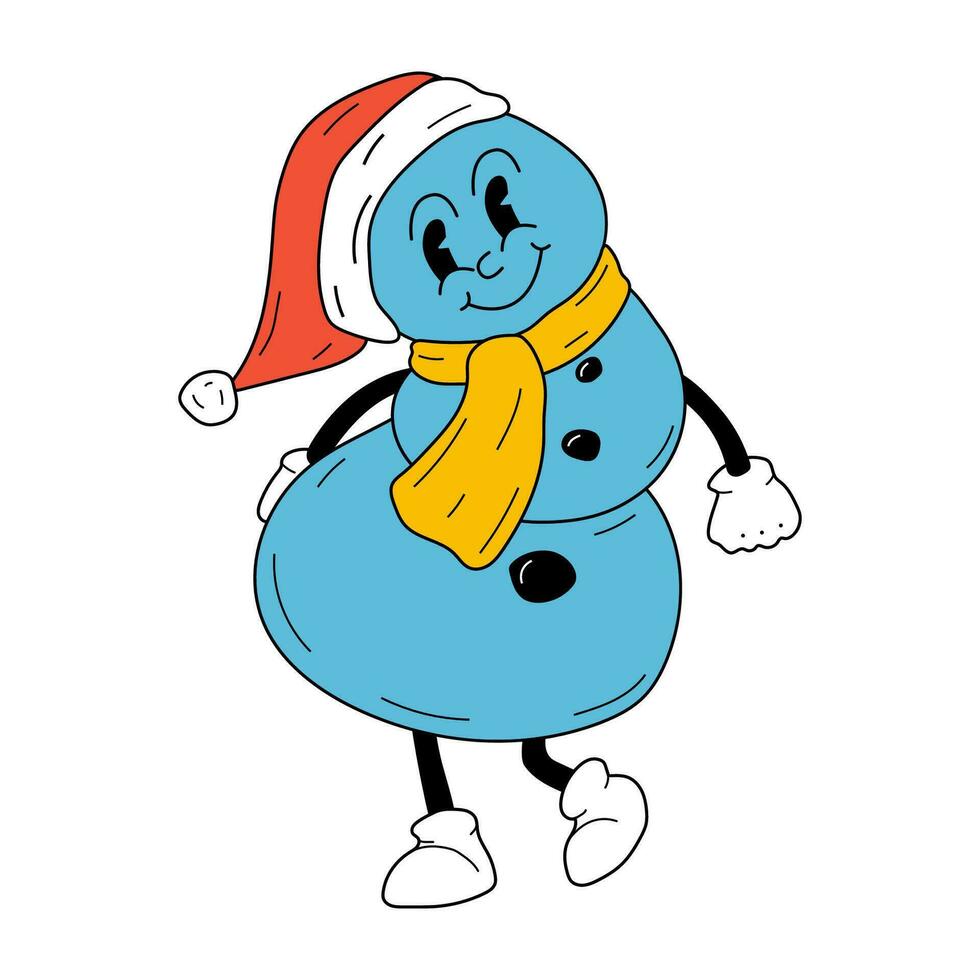 schattig tekenfilm Kerstmis sneeuwman karakter. gelukkig en vrolijk emoties. oud animatie Jaren 60 jaren 70, grappig tekenfilm karakters. modieus illustratie in retro stijl. vector