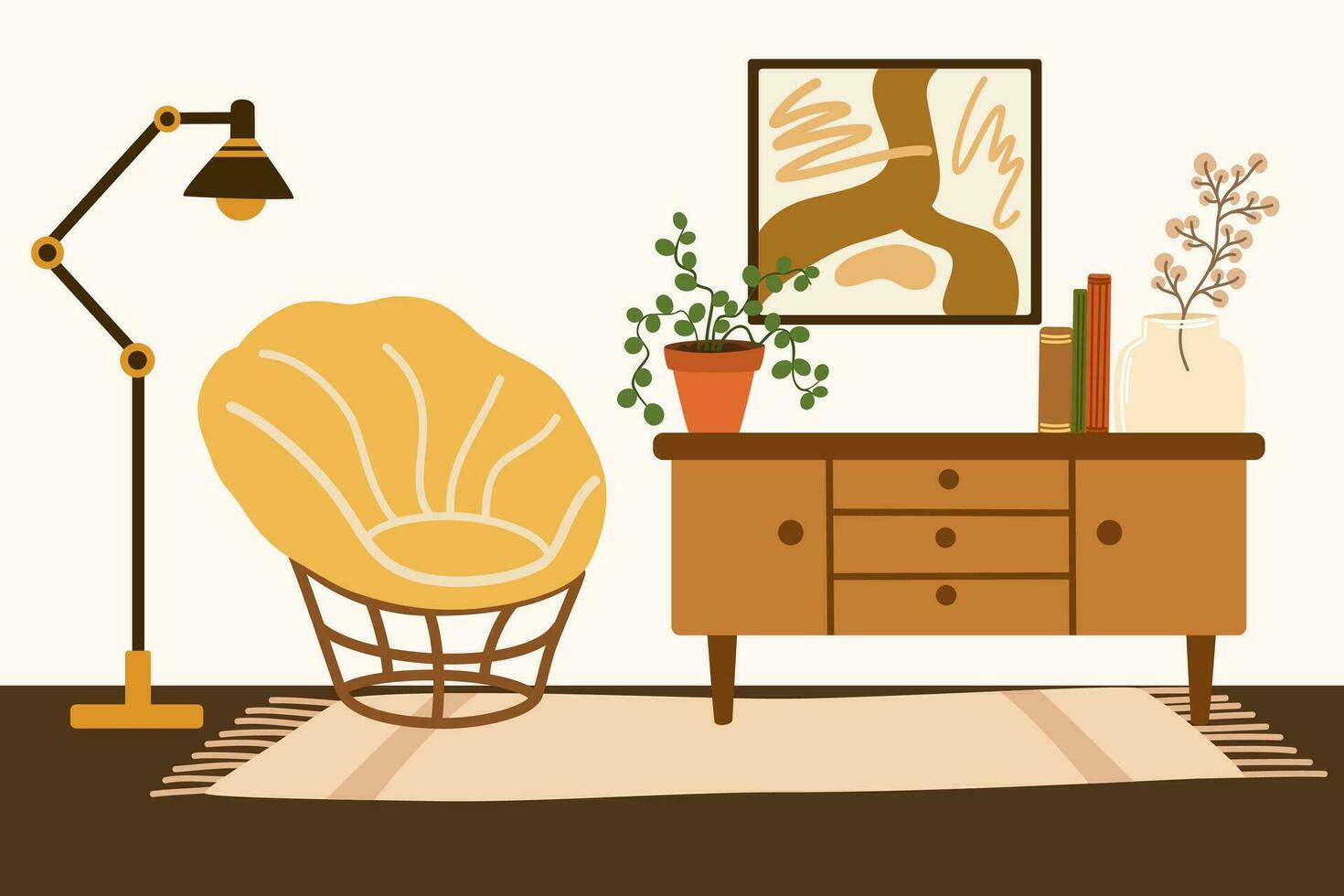 leven kamer modern interieur. meubilair, fauteuil, huis plant, borst van laden met boeken, schilderij en lamp. vector illustratie van meubilair voor huis geïsoleerd Aan wit achtergrond.