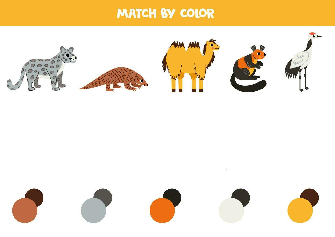 bij elkaar passen Aziatisch dieren en kleuren. leerzaam werkblad voor kinderen. schattig tekenfilm sneeuw luipaard, reusachtig eekhoorn, kameel, pangolin en Japans kraan. vector