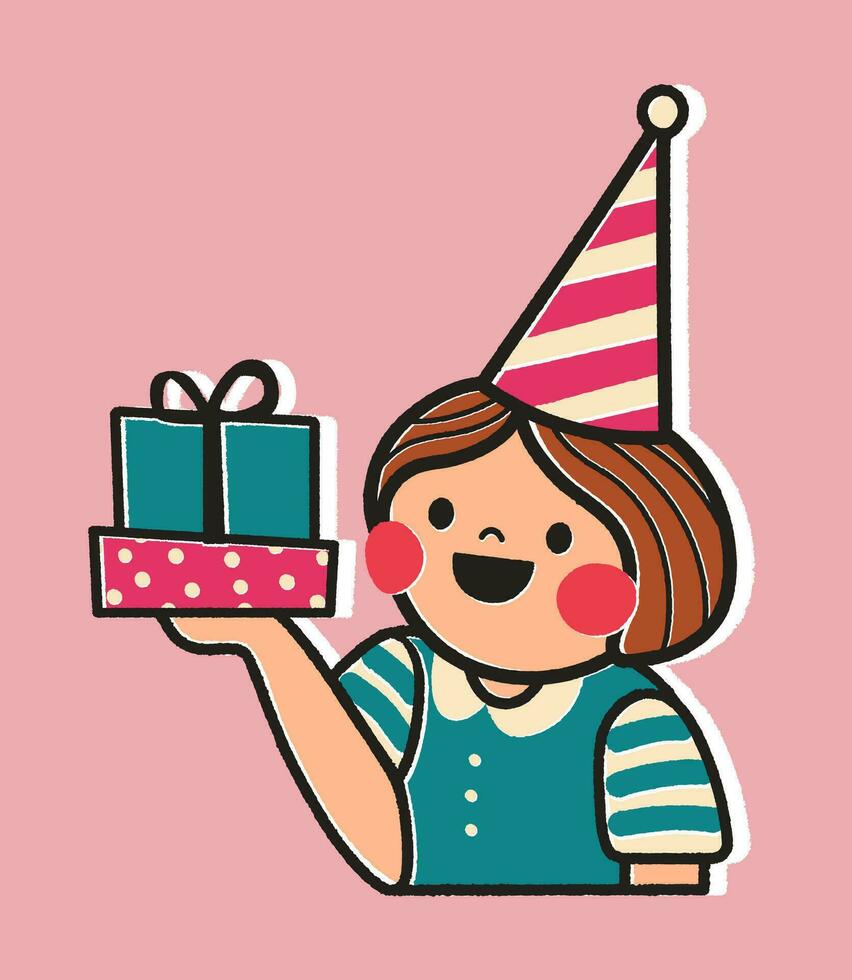 verjaardag kaart met tekenfilm meisje Holding een geschenk doos illustratie Aan roze achtergrond. sticker stijl groet kaart in retro stijl. schattig ansichtkaart voor kind of ontwerp voor uw merk. vector