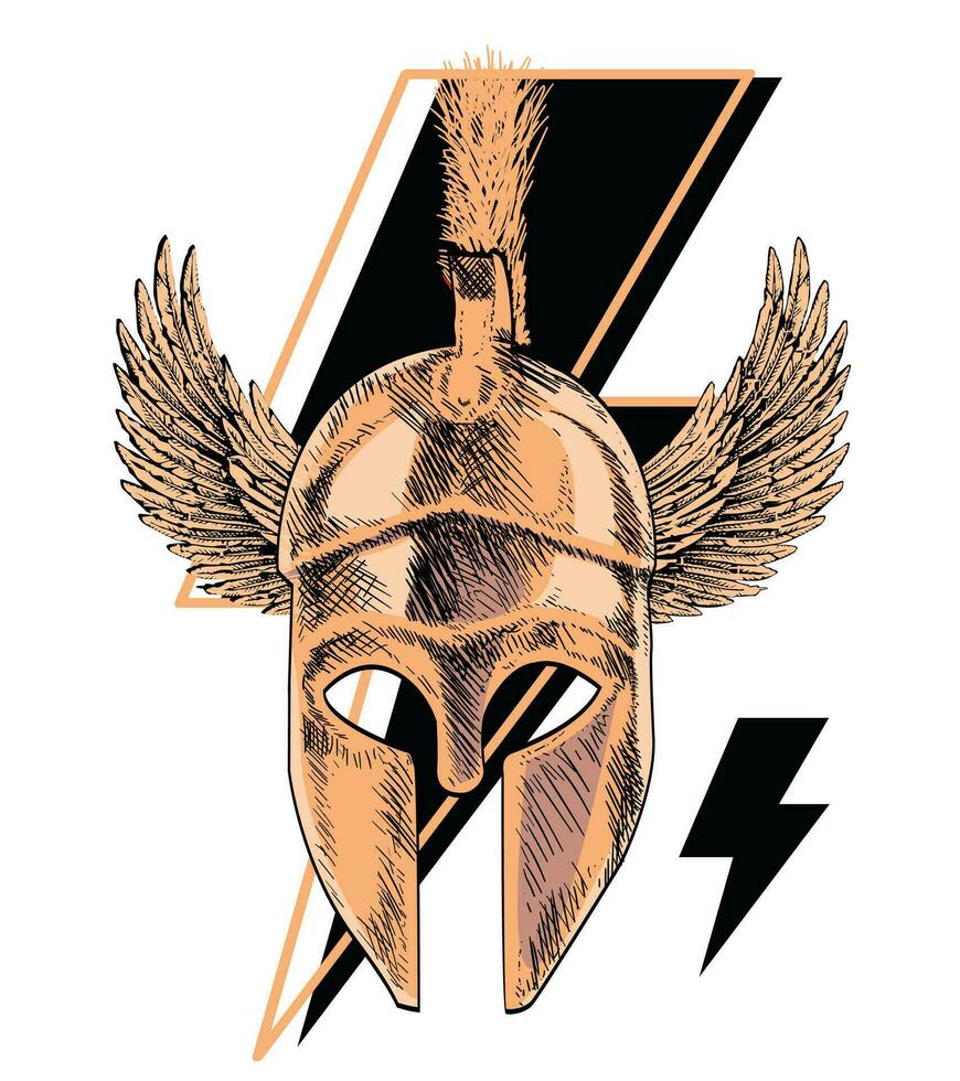 t-shirt ontwerp van een gevleugeld spartaans helm met de symbool van blikseminslag geïsoleerd Aan wit. vector