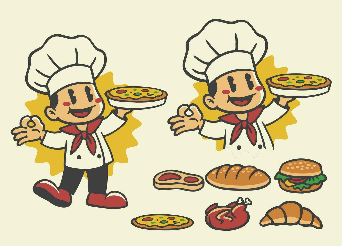 reeks van chef mascotte logo presenteren de voedsel vector