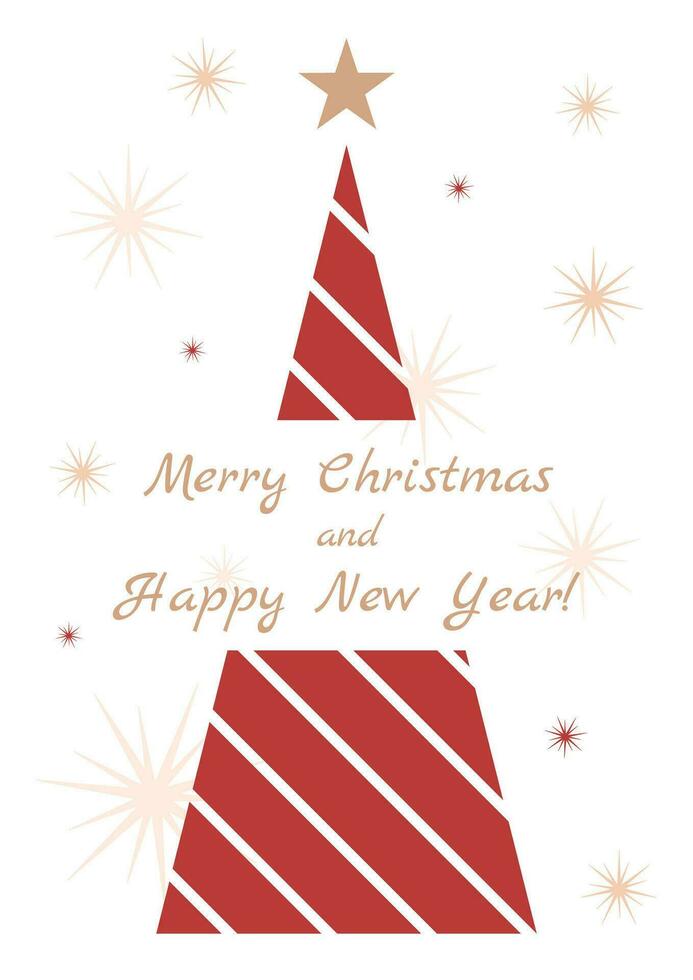 Kerstmis en nieuw jaar poster met gestileerde rood vlak Spar boom, vuurwerk, sneeuwvlokken en tekst groet. vector illustratie, uitnodiging, decoratief ansichtkaart.