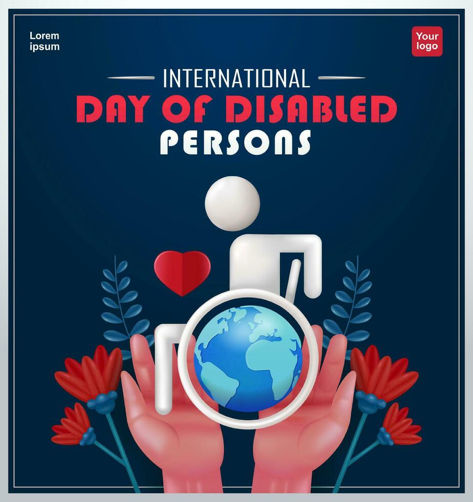 personen met handicaps dag. icoon van een persoon in een rolstoel en een wereldbol, met elementen van handen, bloemen en harten. 3d vector, geschikt voor evenementen, campagnes en Gezondheid vector